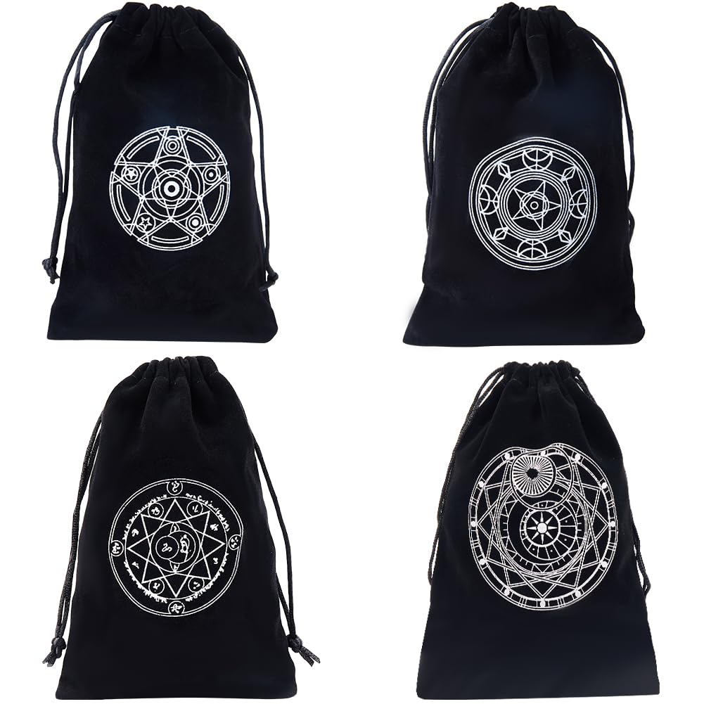 CREATCABIN 4Pcs 4 Styles Black Tarot Storage Bag Velvet Drawstring Packing Pouches Pentagram Moon Phase Star Gifts Bag for Tarot Dice Card Jewelry