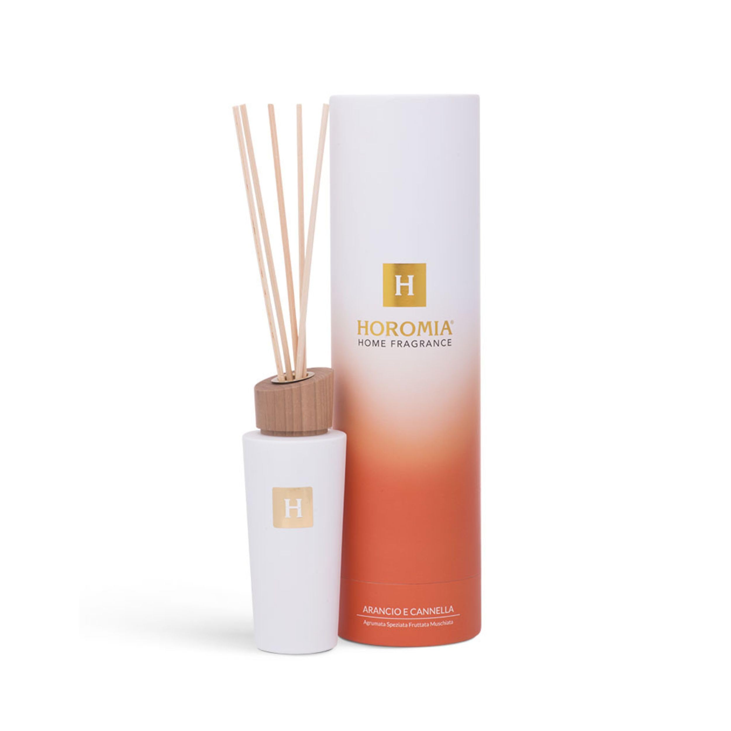 HOROMIA Diffusore Profumo Ambiente con Bastoncini Arancio e Cannella 200ml - Diffusore in Vetro con Bastoncini in Rattan