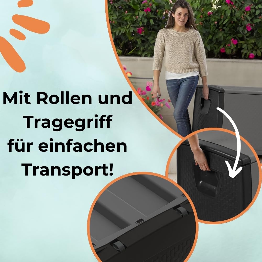 Gartenbox Wetterfest Outdoor Auflagenbox Wasserdicht Garten Box Gartenauflagen Gartentruhe Kissenbox XXL Aufbewahrungsbox Garten Paketbox Gartenkiste mit Rollen 430 L