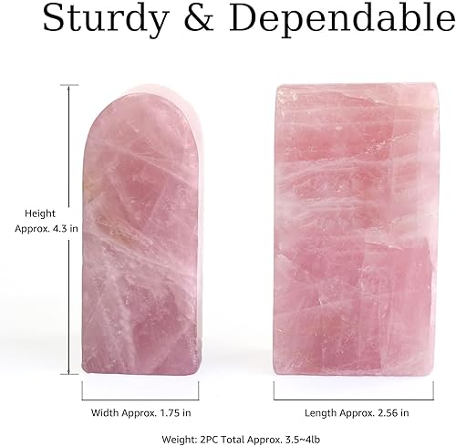 Miniatura 3 de Sujetalibros de cuarzo rosa natural de 3.5 a 4 libras, sujetalibros decorativos de piedra de cristal rosa con parachoques antideslizantes para