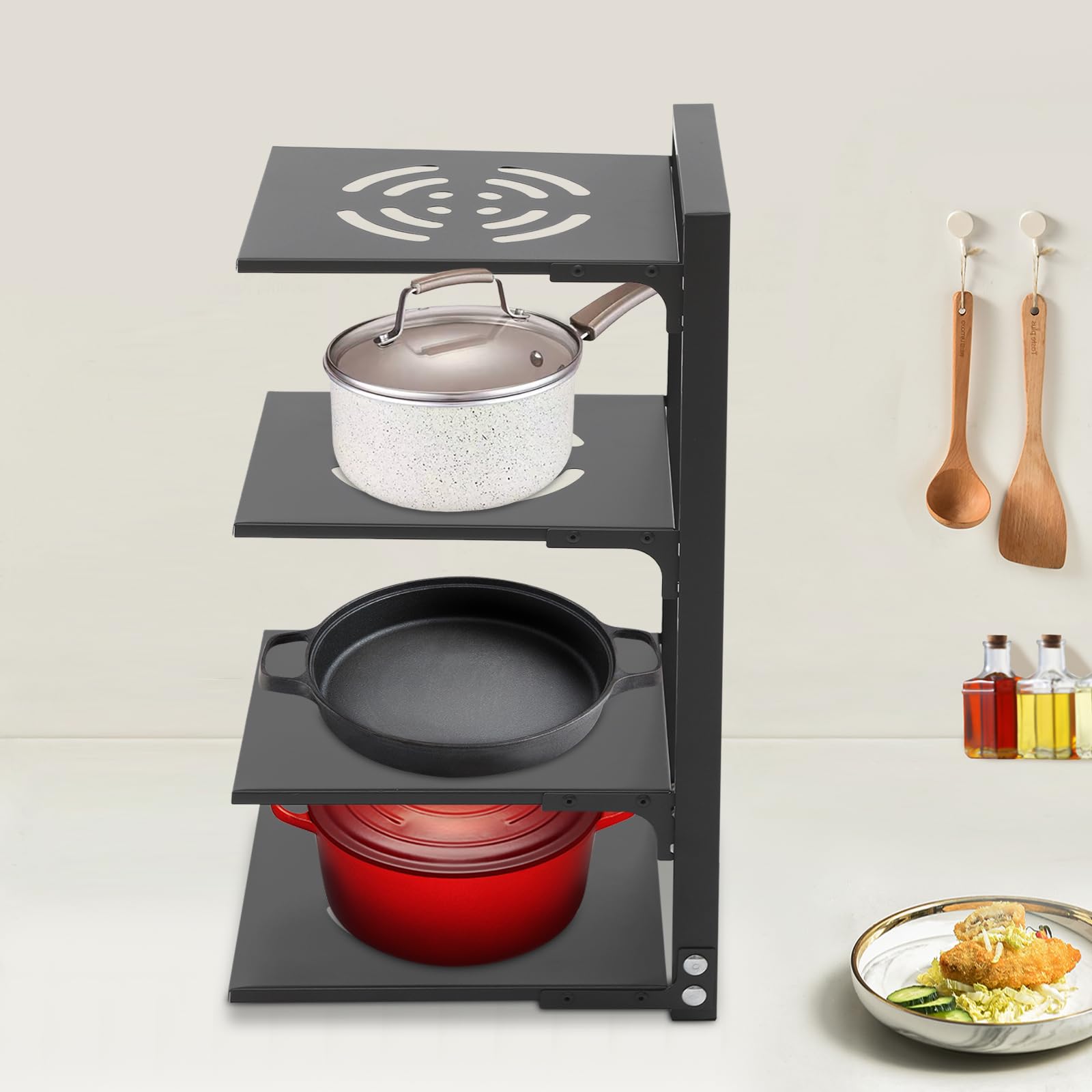Liuushango Black Pan Holder, 4-Tiers Pots And Pans Organiser, Plate Rack For Cupboard, Kitchen, Inside Cabinet