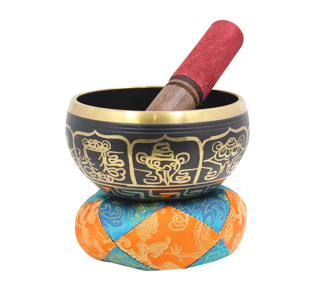 DharmaObjects Large Gorgeous Meditation 8 Lucky Symbols Singing Bowl/Cushion/Mallet