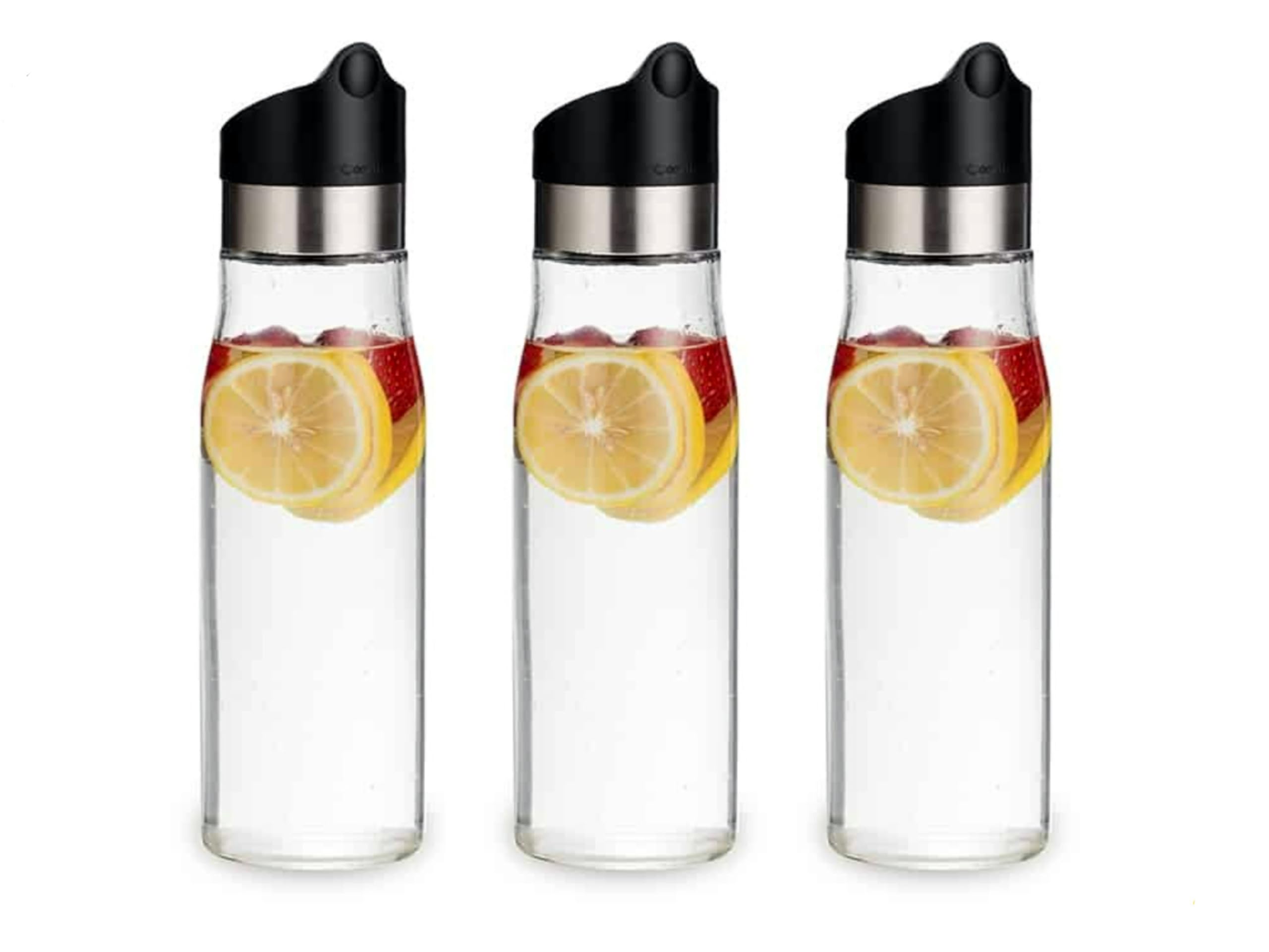 J&M DESIGN Paquete de 3 jarras de vidrio de 28 onzas con tapa, jarra de agua de acero inoxidable y tapa de plástico fácil de girar con colador extraíble, jugo, bebidas, té helado, café, leche, apto