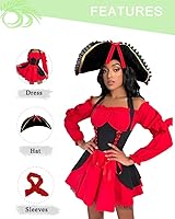 Vista 5 de Disfraz de pirata sexy para mujer, disfraz de pirata de Halloween, 3 piezas, vestido de capitán pirata de mares crueles