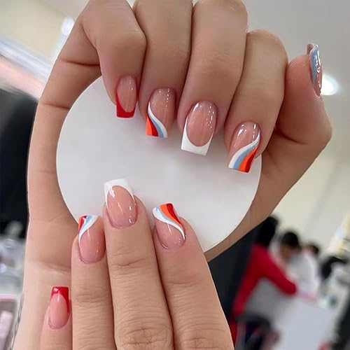 Uñas postizas a presión de punta francesa, uñas postizas cuadradas medianas con remolinos rojos, azules y blancos, brillantes, uñas acrílicas de