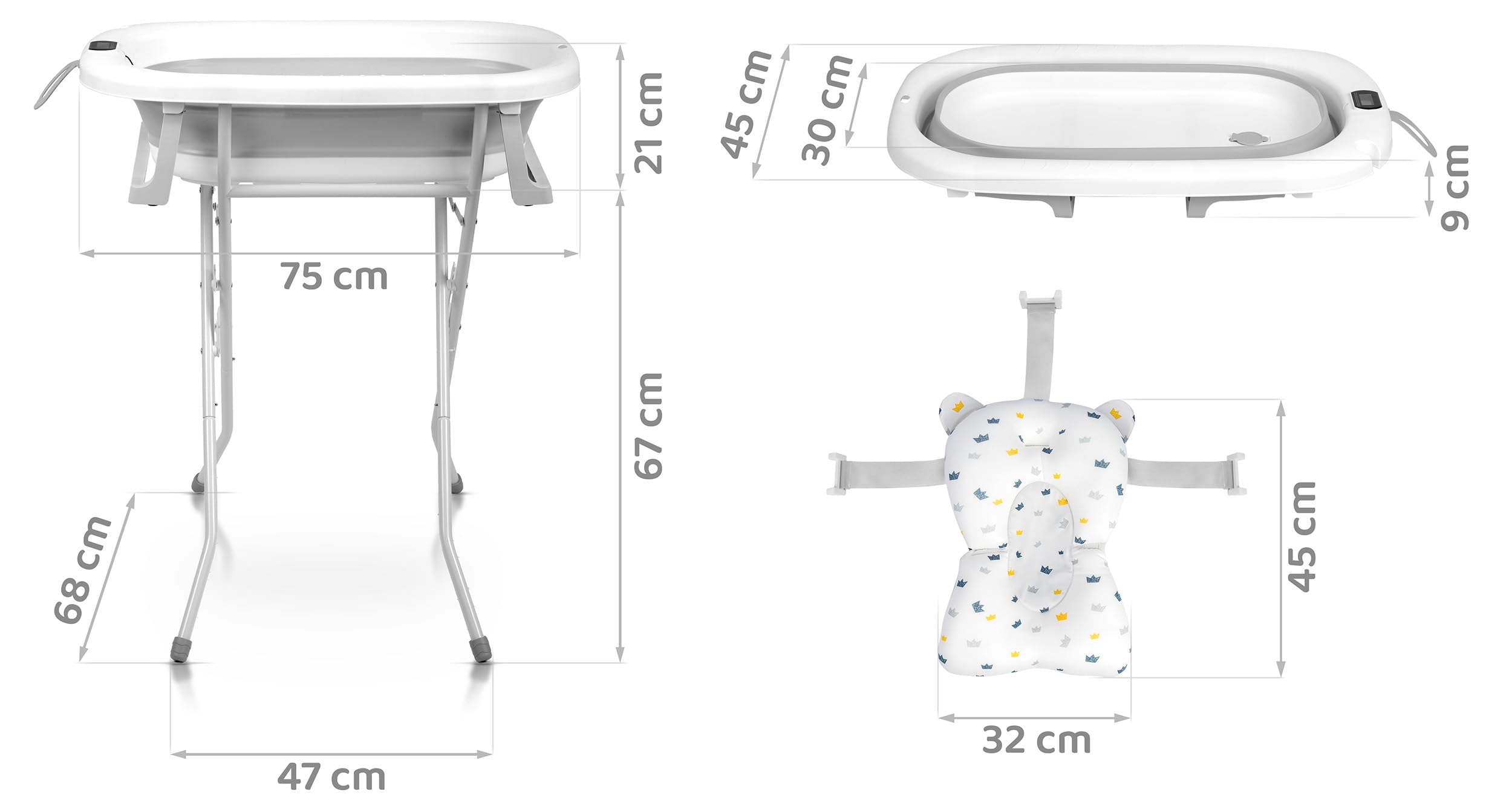 Ricokids Vasca da bagno per bambini con struttura termometro e cuscino da bagno, pieghevole, leggera, antiscivolo, colore: bianco e grigio
