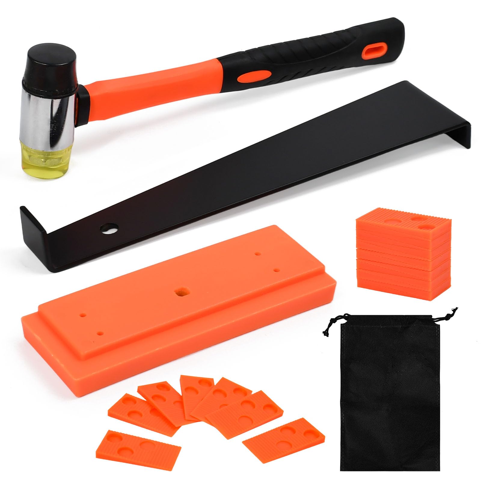 Kit de Instalación de Suelo Laminado, 64 PCS Herramientas para Piso Laminado con Martillo de Goma, Palanca, 60 Cuñas Separadoras, Bloque de Impacto y Bolsa, Kits Colocación de Suelo Laminado