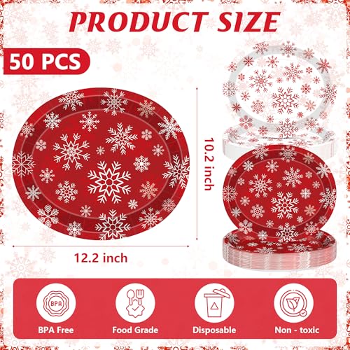 QZYL 50 PCS Christmas Paper Plates, 12.2×10.2 Inches Oval Snowflake Plates Christmas Party Decorations, Red White Platters Xmas Party Dinnerware, Holiday Party Supplies BBQ New Year Tableware – Image 3