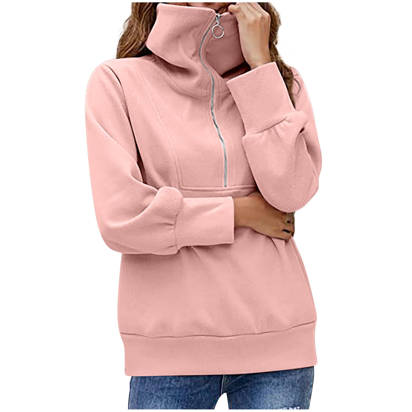 Cethrio1/4 Zip Sweatshirts for Women Solid Turndown Collar Fall Blouse Long Sleeve Pullover Shirt Tops Sweatshirts
