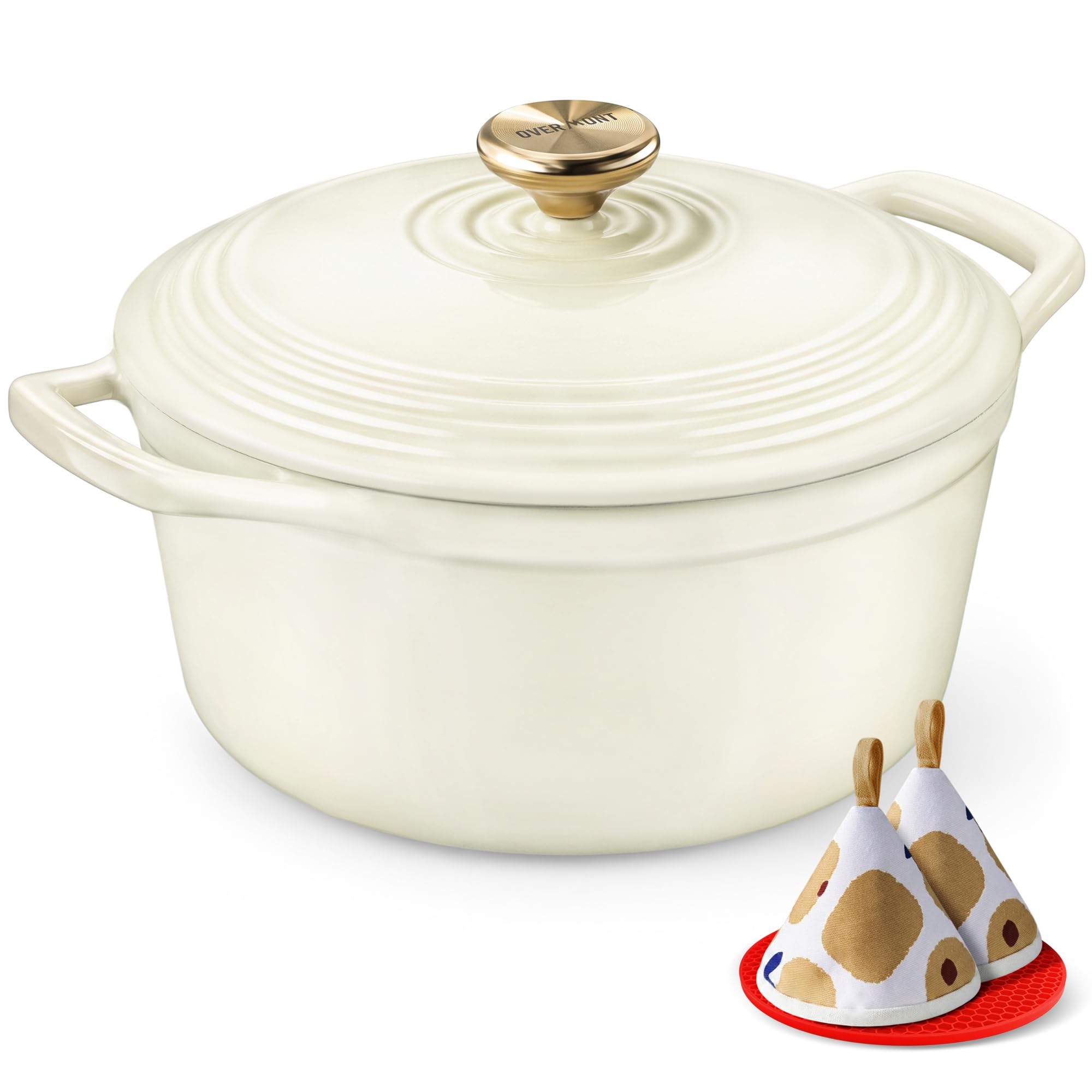 Overmont 24cm/4.2L Enamelled Cast Iron Round Casserole Pot, Cream white