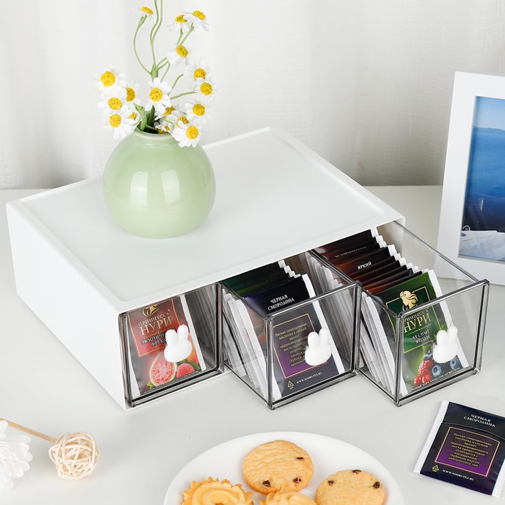 Stackable Tea Bag Organizer,Kitchen Cabinet Organizer,Storage Box for Tea Bags,Coffee,etc.Plastic Storage for Kitchen/Bathroom/Dressing/Office,etc.(White-3drs)