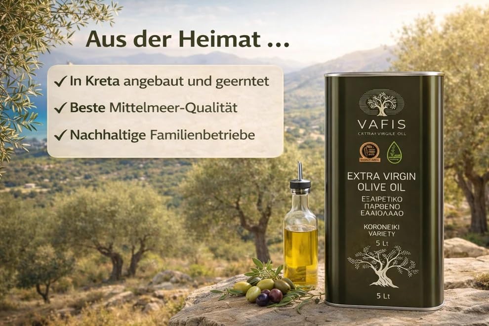 Vafis Kreta Olivenöl 5L Kanister – 100 % Koroneiki aus Griechenland – Frische Ernte Griechisches Öl, Orea Feinkost