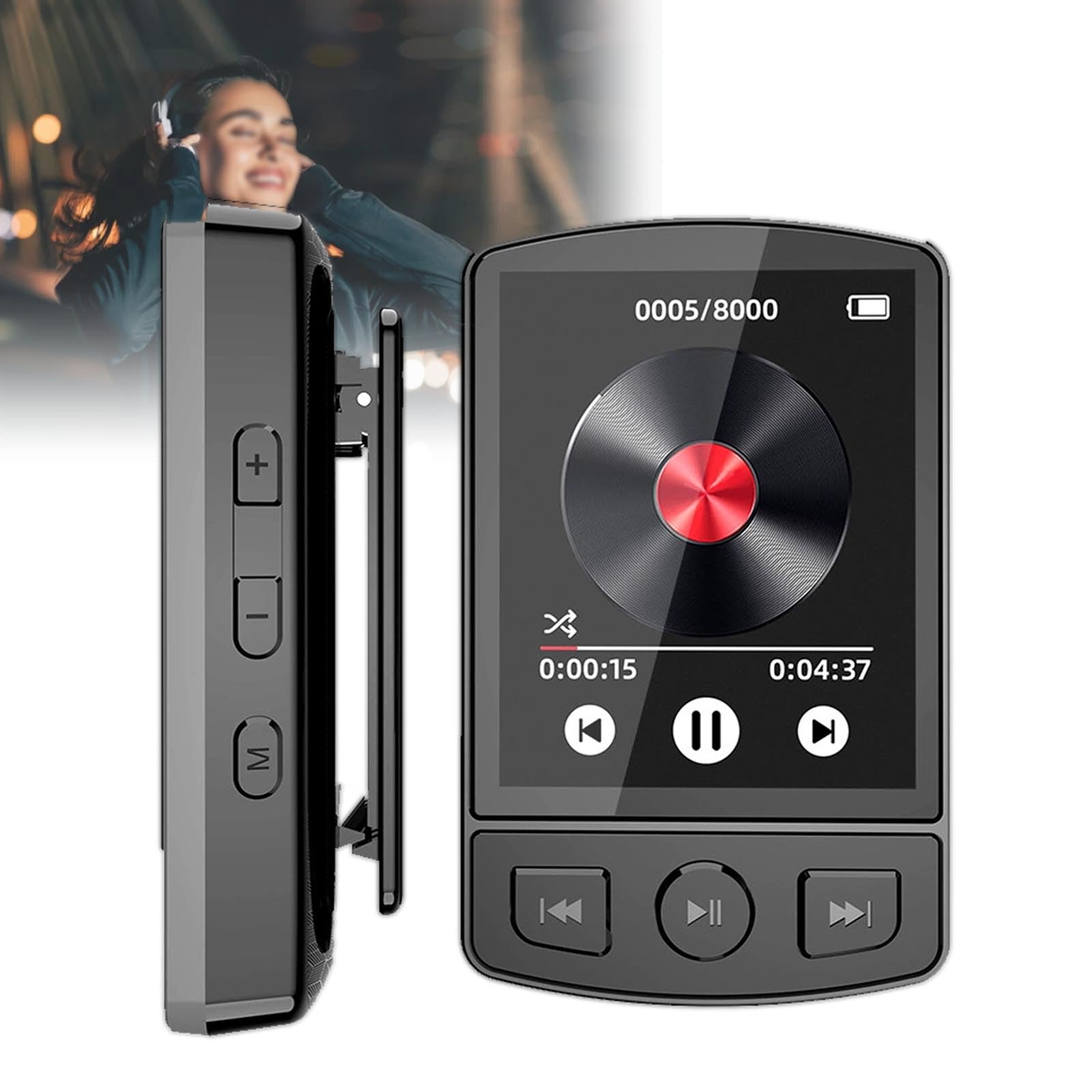 Reproductor MP3 de 32 GB con conexión inalámbrica, sonido Hi-Fi sin pérdidas, pantalla de 1,8" | Entretenimiento todo en uno (radio FM, grabación y eBook) | Batería de larga duración, clip deportivo