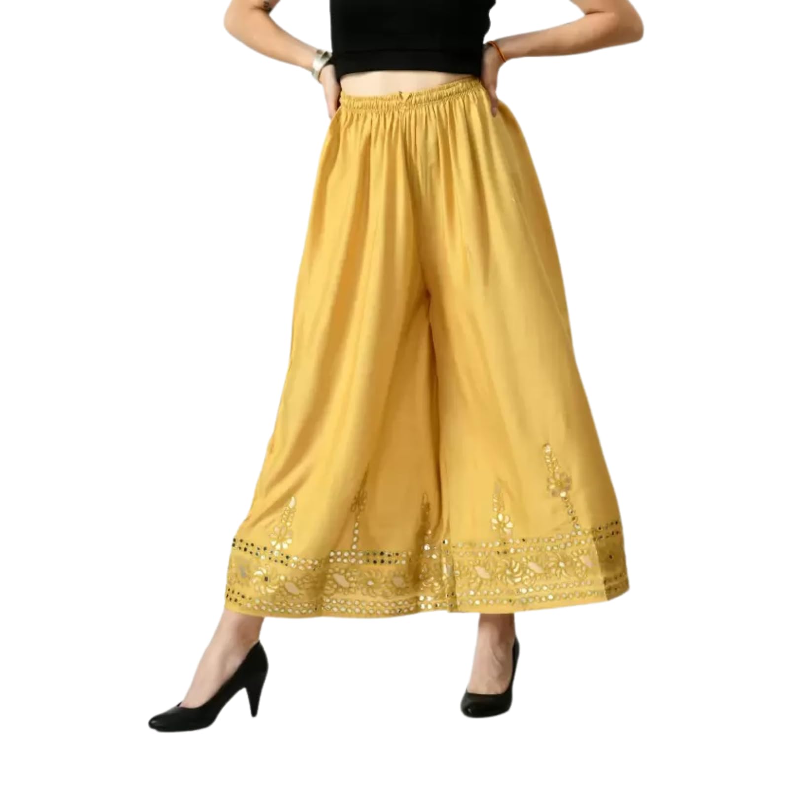 D & V Creations Women's Rayon Regular Fit Stylish Elegant Flower Mirror Work Solid Sharara Palazzo Pants with Elasticated Waistband-picture-11