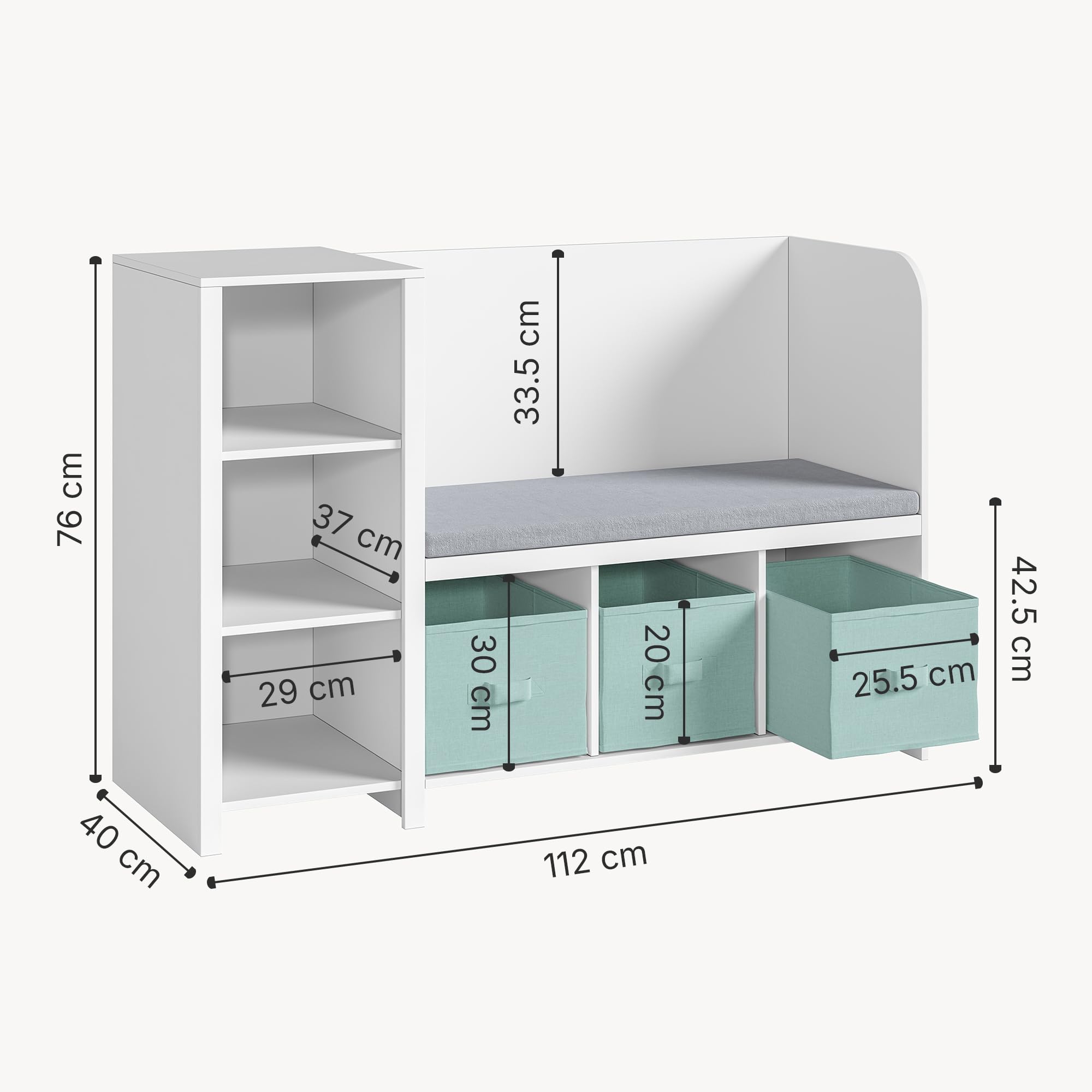 [en.casa] Étagère pour Enfants avec Banc d'Assise Coussin Confortable Bibliothèque Meuble à Chaussures Panneau de Particules Polyester Polyuréthane 76 x 112 x 40 cm Blanc Vert Menthe