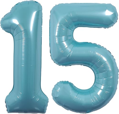 Globo gigante de 40 pulgadas color azul macarrón con el número 15, globos de aluminio de aluminio de Mylar con helio para fiestas de cumpleaños,