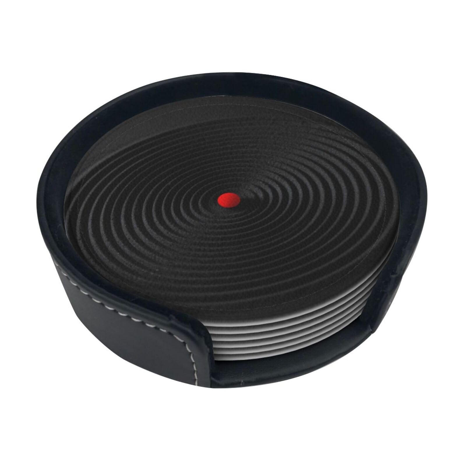 Cntdbu White Single Red Dot Leather Coasters Set Of 6-Pu Leather Drink Mats For Table, Heat Resistant Round Coasters With Holder