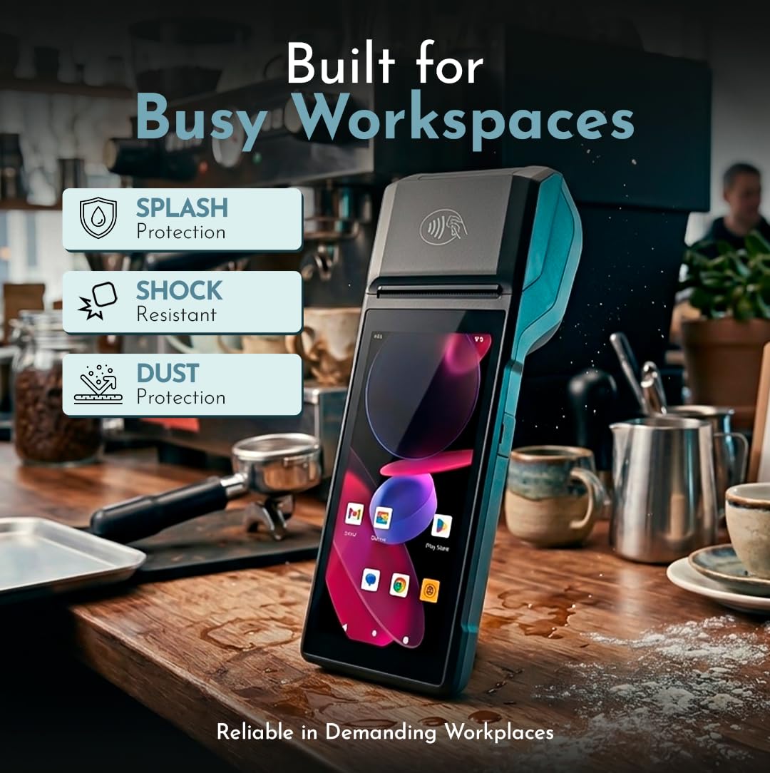 POS Android 14 Impresora de recibos Android 14 y 58 mm, impresora térmica de alta velocidad, pantalla táctil de 5.5 pies. Punto de venta portátil con escaneo de código de barras 1D/2D/QR y NFC