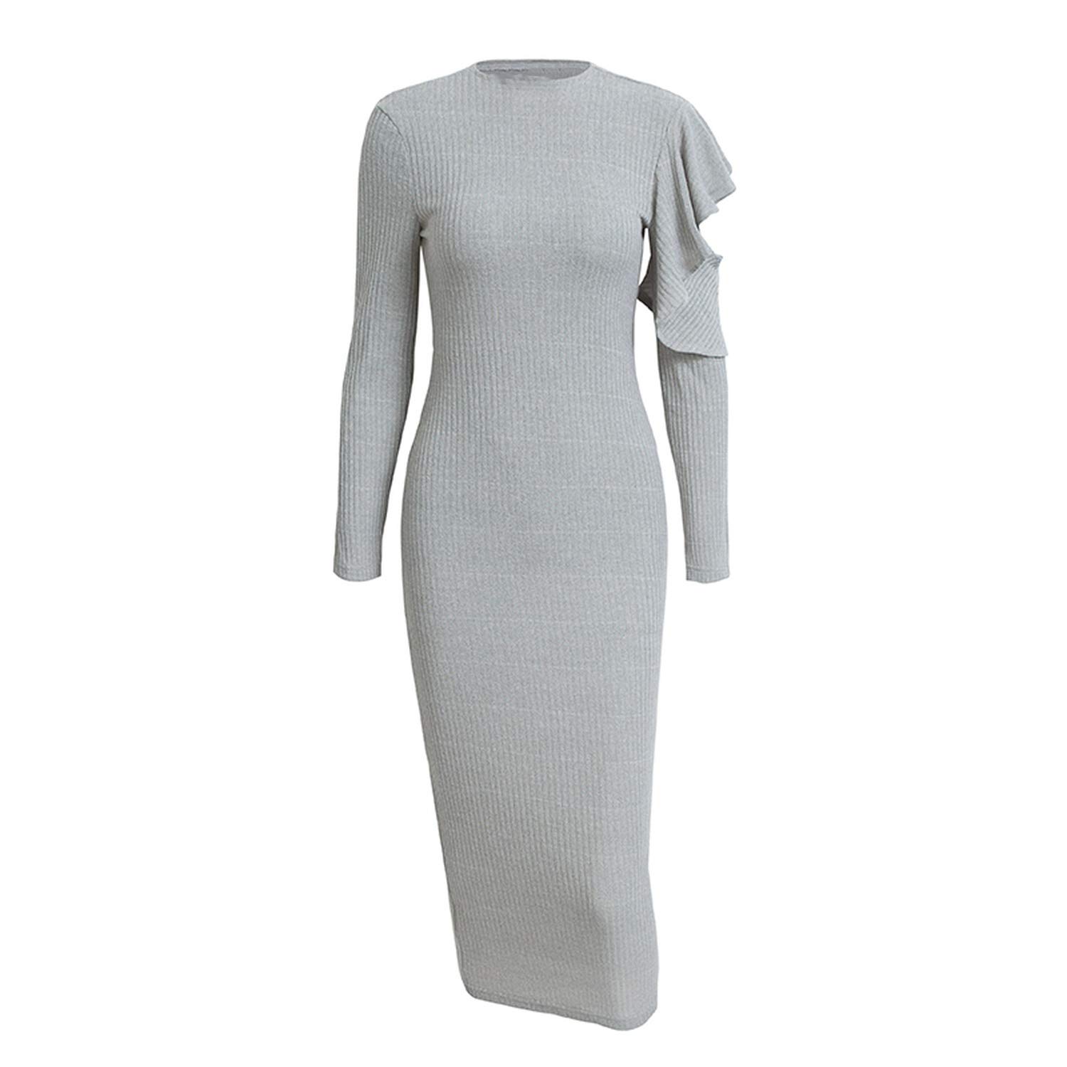 Knitted Long Sweater Dress Women Ruffle Sleeve Elastic Bodycon Winter Dress