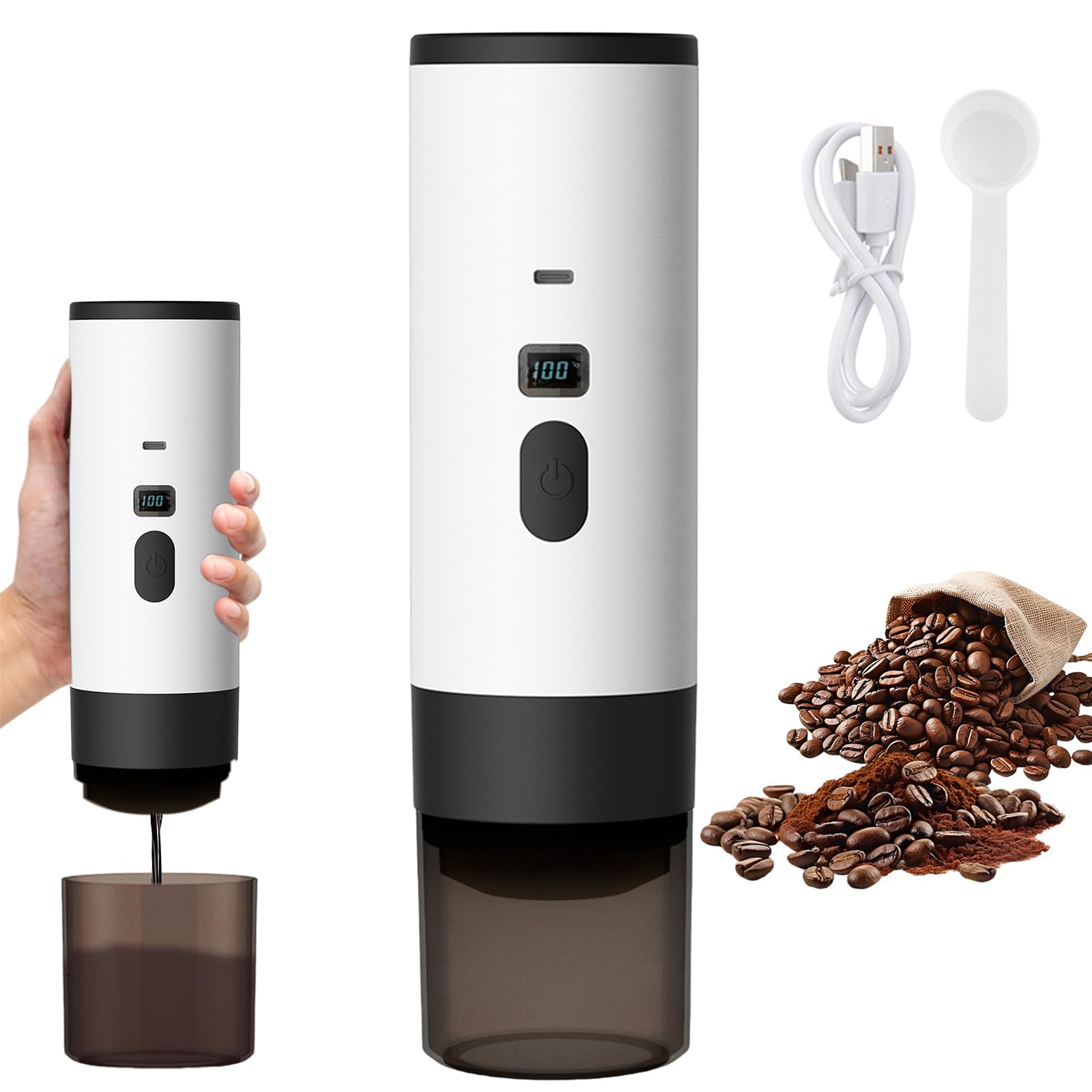 Cafetera portátil 72 W (12 V USB recargable) – Cafetería portátil, cafetera cápsula y café molido, depósito de 90 ml para café expreso, ideal para oficina, camping, coche, viaje (blanco)