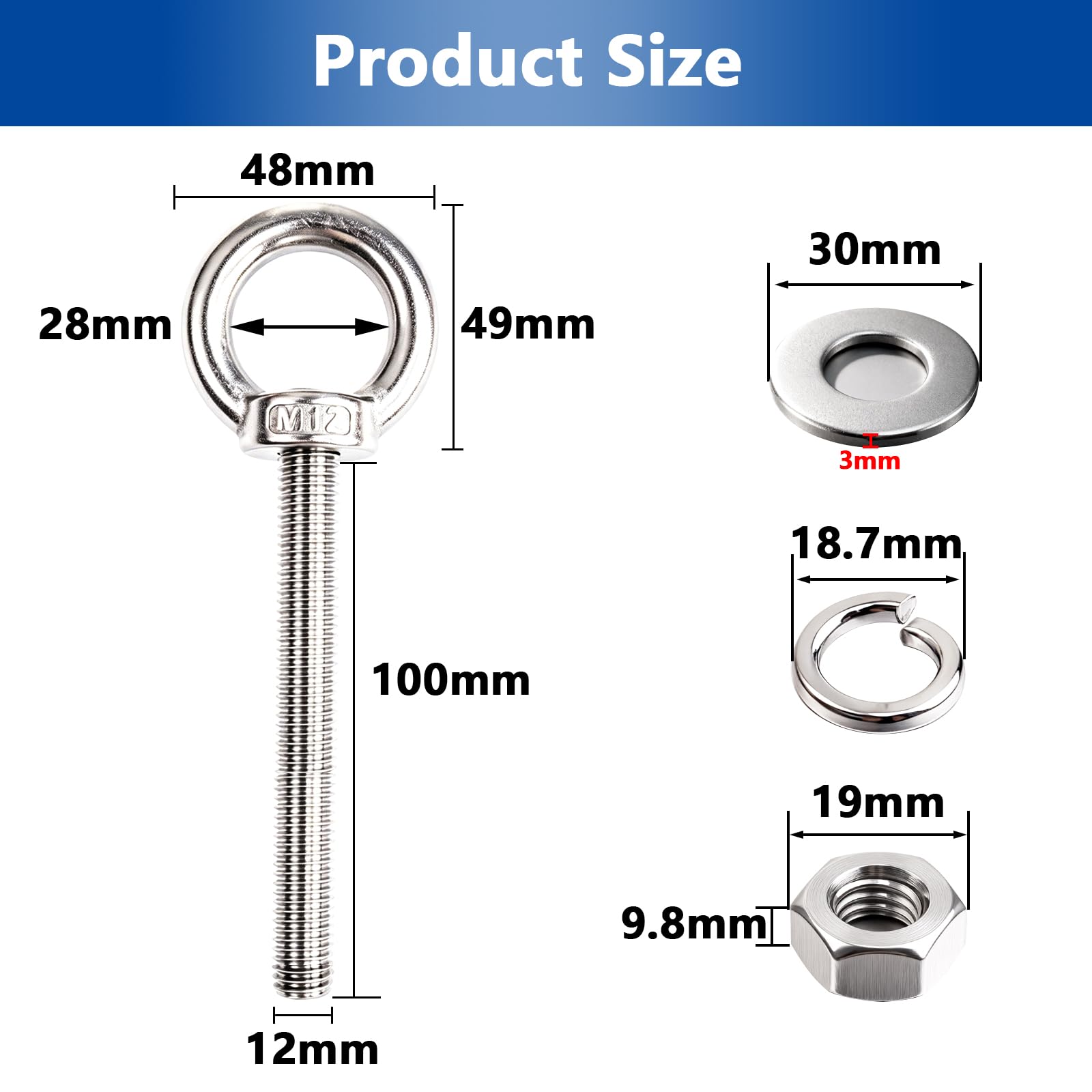 Confezione da 10 occhielli filettati M12 x 100 mm, con rondelle per dadi, bulloni a occhiello in acciaio inox di grado marino, per fai da te, mobili, altalene e uso esterno (M12 x 100 mm)