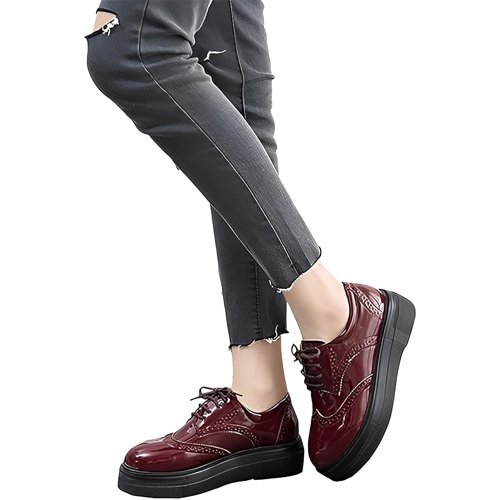 ANUFER Mujeres Elegante con Cordones Brogues Plataforma Piel Sintética de Charol Casual Zapatillas Deportivas
