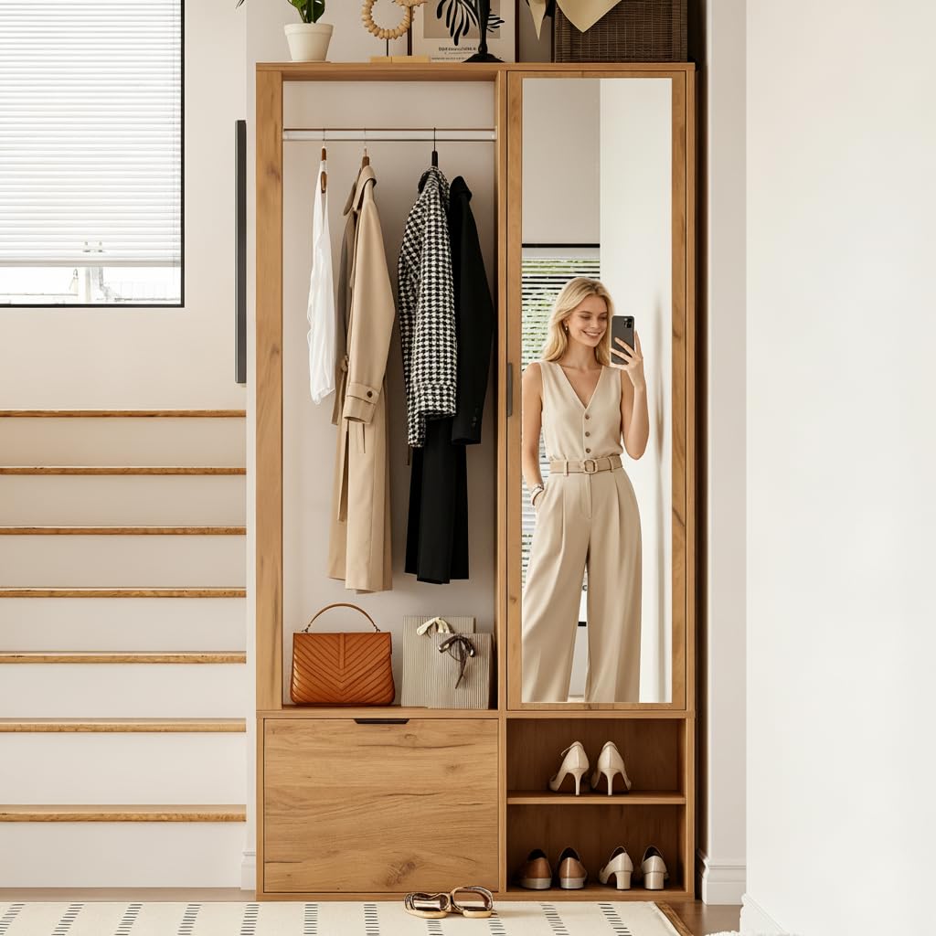 Meuble d'Entrée avec Banc,6-in-1,Porte-Manteaux,Miroir,Vestiaire,Tringle à Vêtements,2 Portes,3 Etagères de Rangement,2 EtagèRes Pour Chaussures Couloir