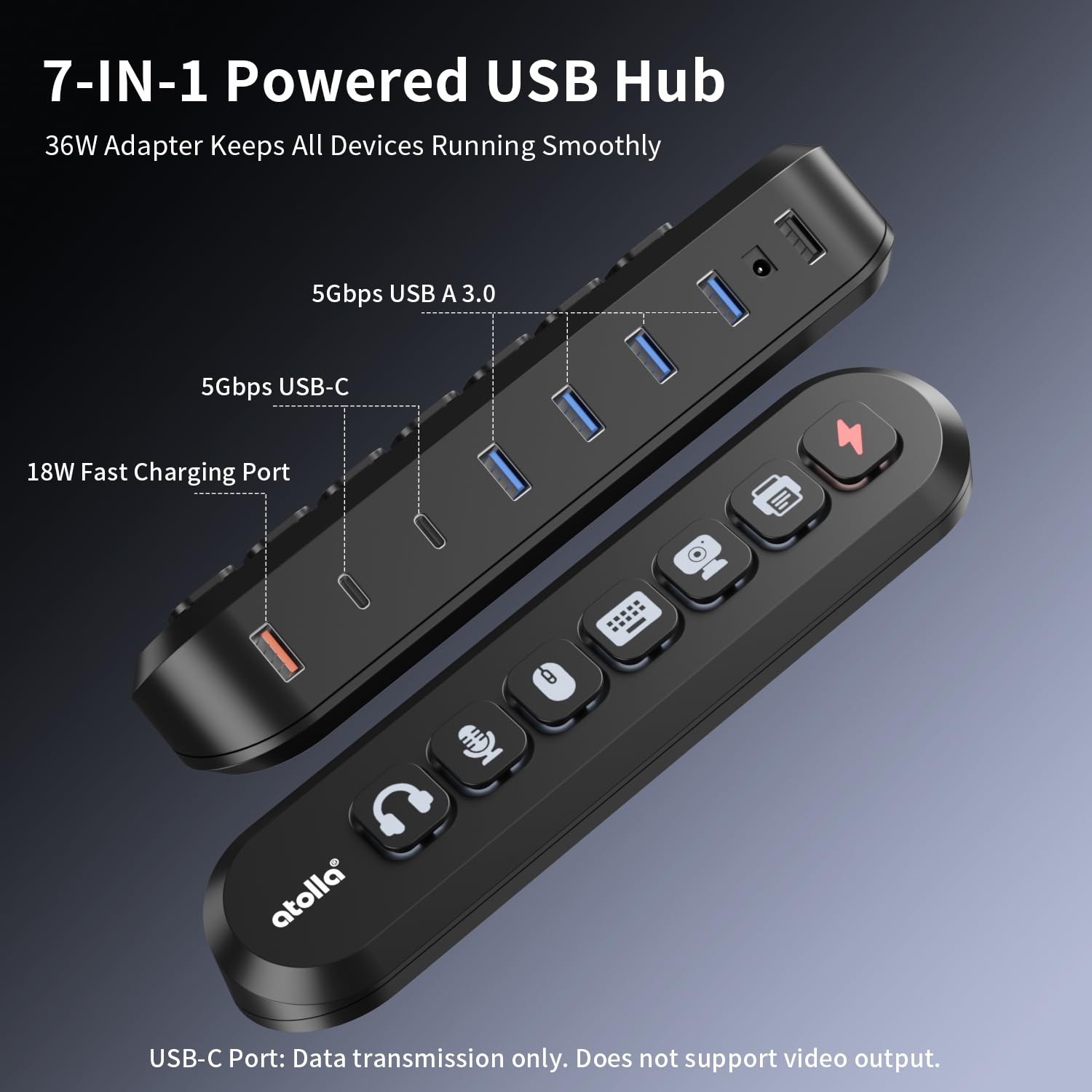 atolla Hub USB alimentado de 7 puertos, 4 USB-A 3.0 + 2 USB-C 3.0 + 1