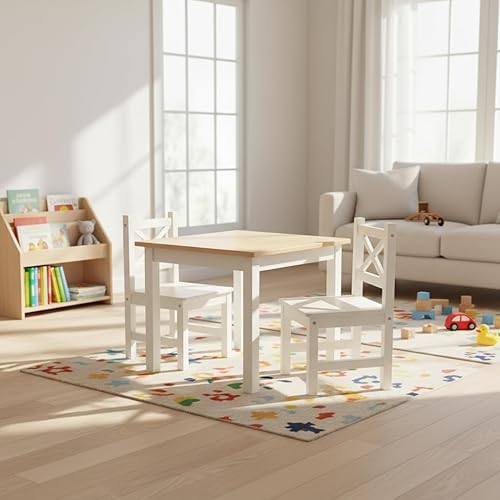 Miniatura 8 de PETIT BATEAU Juego de mesa y 2 sillas de madera maciza para niños pequeños, muebles de madera modernos con diseñador irlandés para 2 a 8 años, color