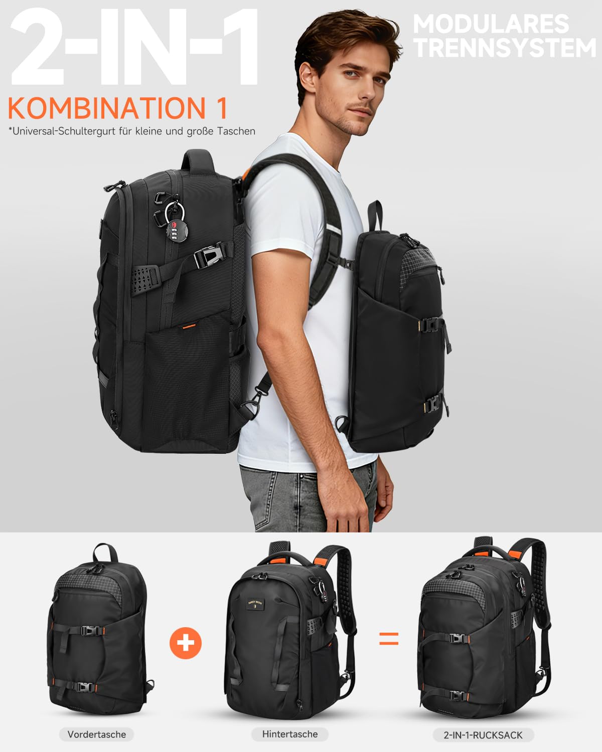 Rucksack herren Set Handgepäck Rucksack mit abnehmbarer Tasche, 2-in-1 rucksack handgepäck flugzeug mit 17 Zoll Laptopfach, verstellbare Gurte für Business & Urlaub Schwarz