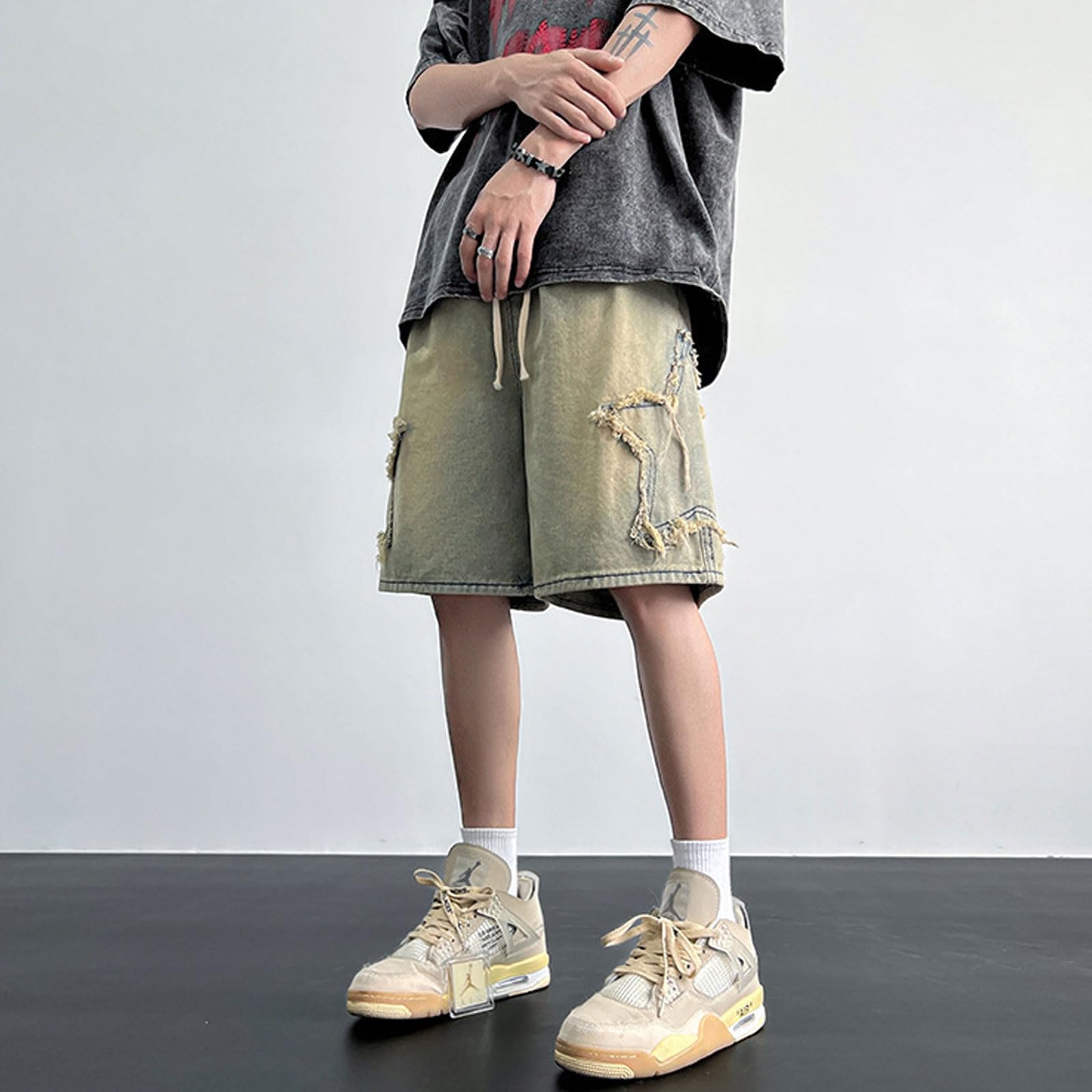 Pantalones cortos de mezclilla bordados Y2K para adolescentes y niños, pantalones cortos de mezclilla con cordón, cintura elástica, pantalones cortos holgados