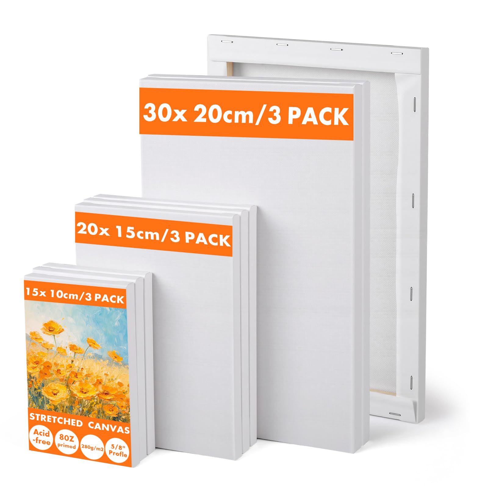 9 Pack Blank Canvas Set, Stretched Canvas for Painting, (30x20 20x15 15x10cm), 280GSM/ Canvases for Acrylic, Oil Paint & Wet Art Media Artwork, Kids Beginner Artist