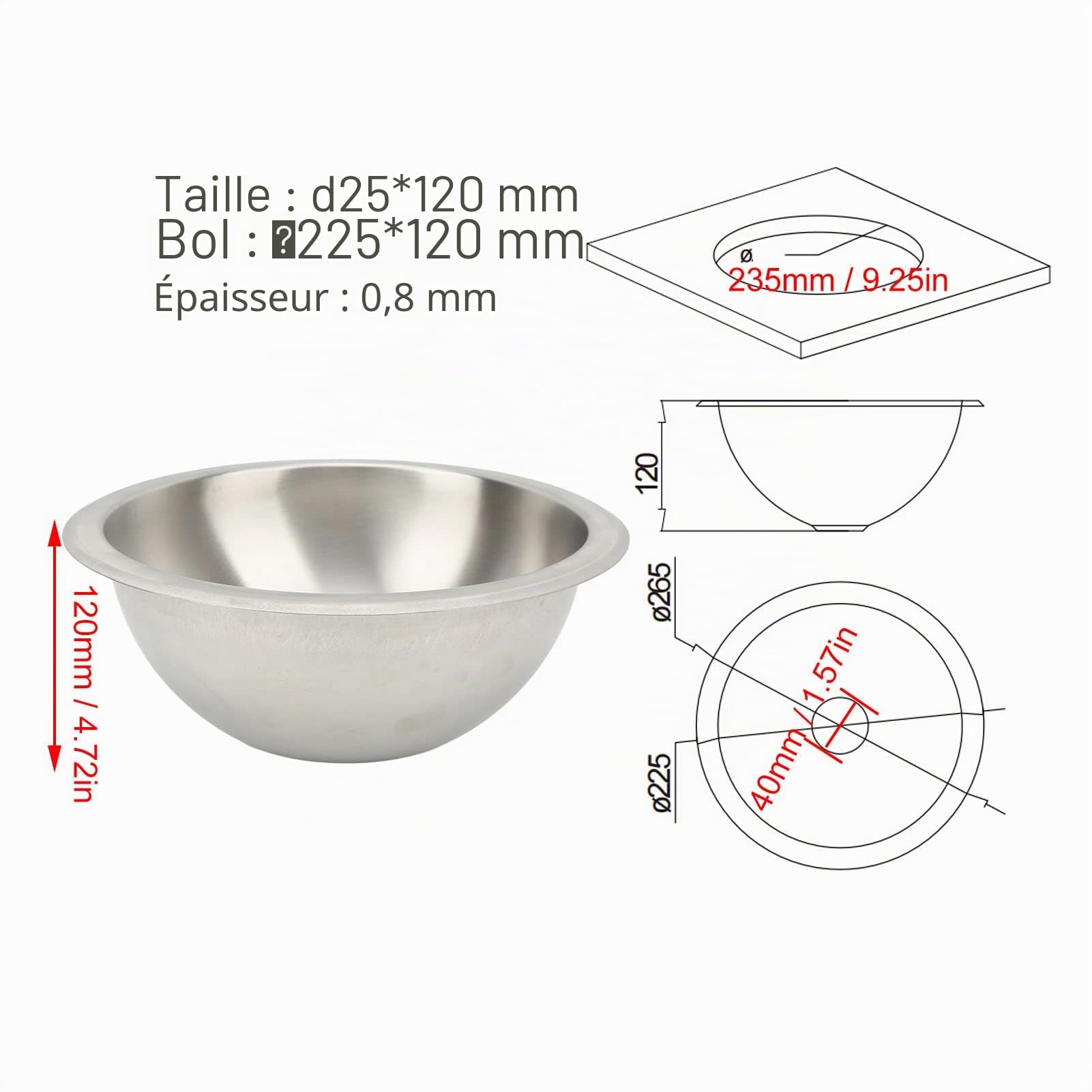 Évier de Cuisine Caravane évier de Bateau Rond en Fil d'acier Inoxydable pour Remplacement