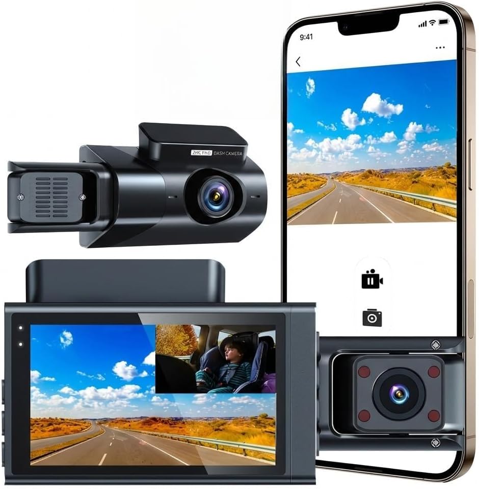 3 Channel Dash Cam 2K+1080P+1080P, 3 Inch IPS Screen, 5.8GHz/2.4G Dual Band WiFi Dash Camera for Cars, 20MB/s Fast Download, Built-in GPS, WDR Night Vision, 170° Wide Angle, G-Sensor, Loop Recording