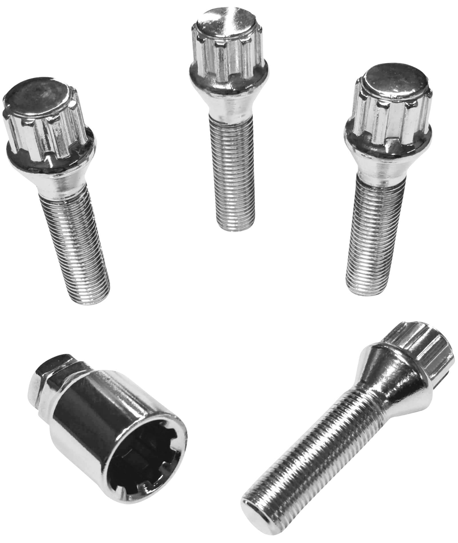 Blokada do felg M14 x 1,5 x 43 mm, taśma stożkowa 60°, 4 srebrne zamki felg, zestaw 4 sztuk, zabezpieczenie felg, zabezpieczenie przed kradzieżą, zabezpieczenie kół, śruby kół