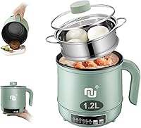 NUNET Smart Mini Hot Pot 1.2L: Non-Stick Electric Cooker w/ Timer, Auto Shut-Off, Steamer Basket, 600W 5 Modes for Noodles, Rice, Soup - Green, 1-2 Person