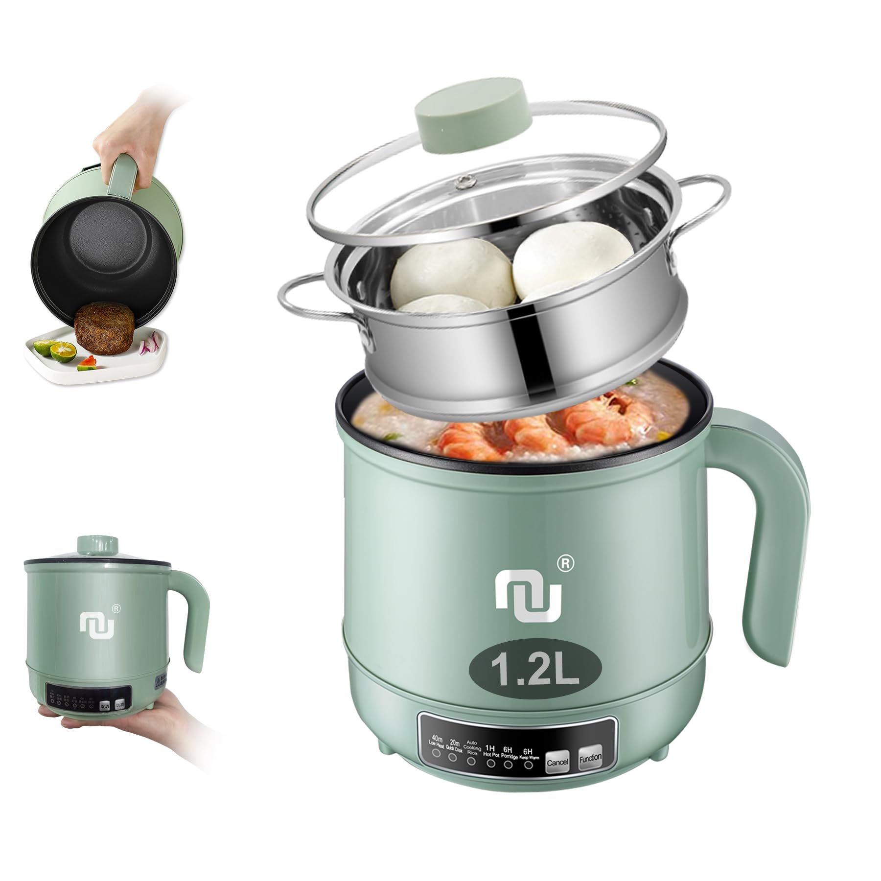 Smart Mini Hot Pot with Timer and Automatic Shut Off 1.2L Non-Stick Rapid Noodle Cooker w Stainless Steel Steamer Basket 600W Quick Cook 5 Cooking Modes for Soup, Rice (1cup) , Porridge, Pasta Great for 1-2 Persons (Green)