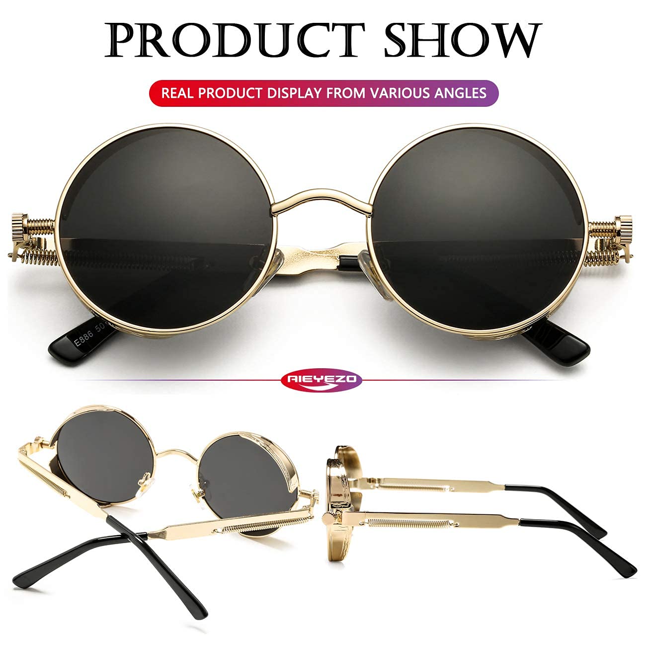 AIEYEZO Occhiali da sole rotondi Steampunk per uomo donna occhiali gotici vintage cerchio telaio in metallo 100% lenti con blocco UV