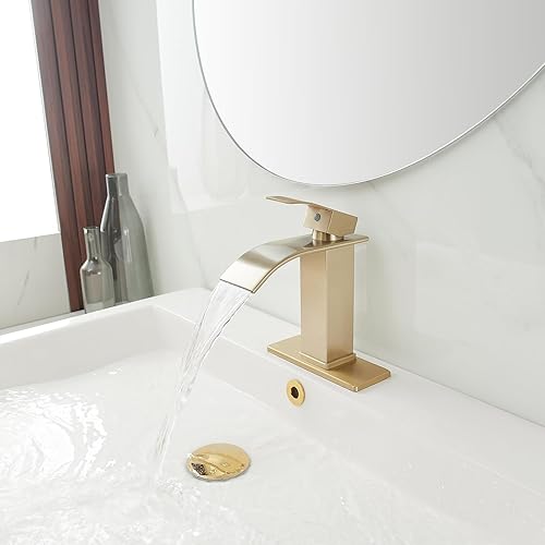 Miniatura 2 de Grifo de lavabo de baño de oro cepillado, cascada, de un solo agujero, tocador moderno con desagüe desplegable con desbordamiento de 1 o 3 agujeros,