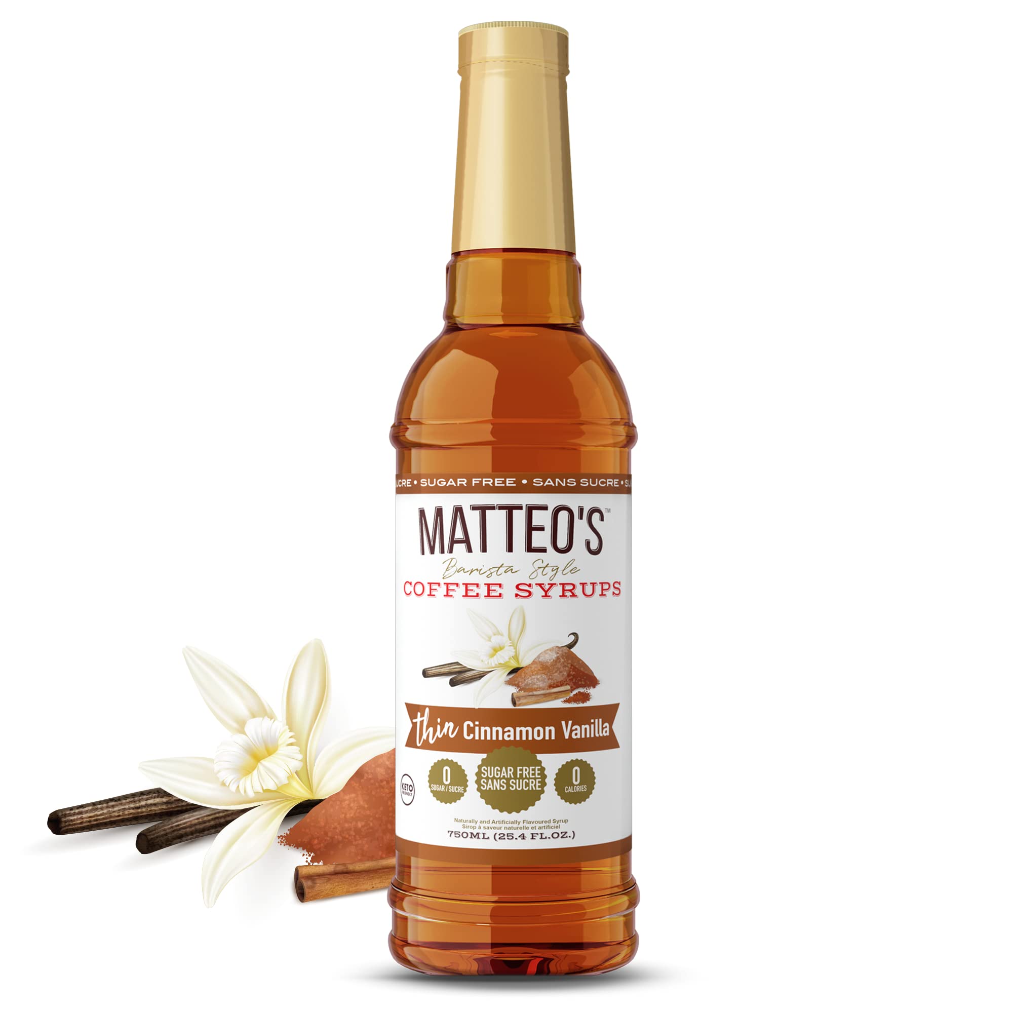 Matteo's Sugar Free Coffee Flavoring Syrup, Cinnamon Vanilla, Delicious Coffee Syrup, 0 Calories, 0 Sugar coffee syrups, Cinnamon Vanilla, 750 ml, 1-Pack