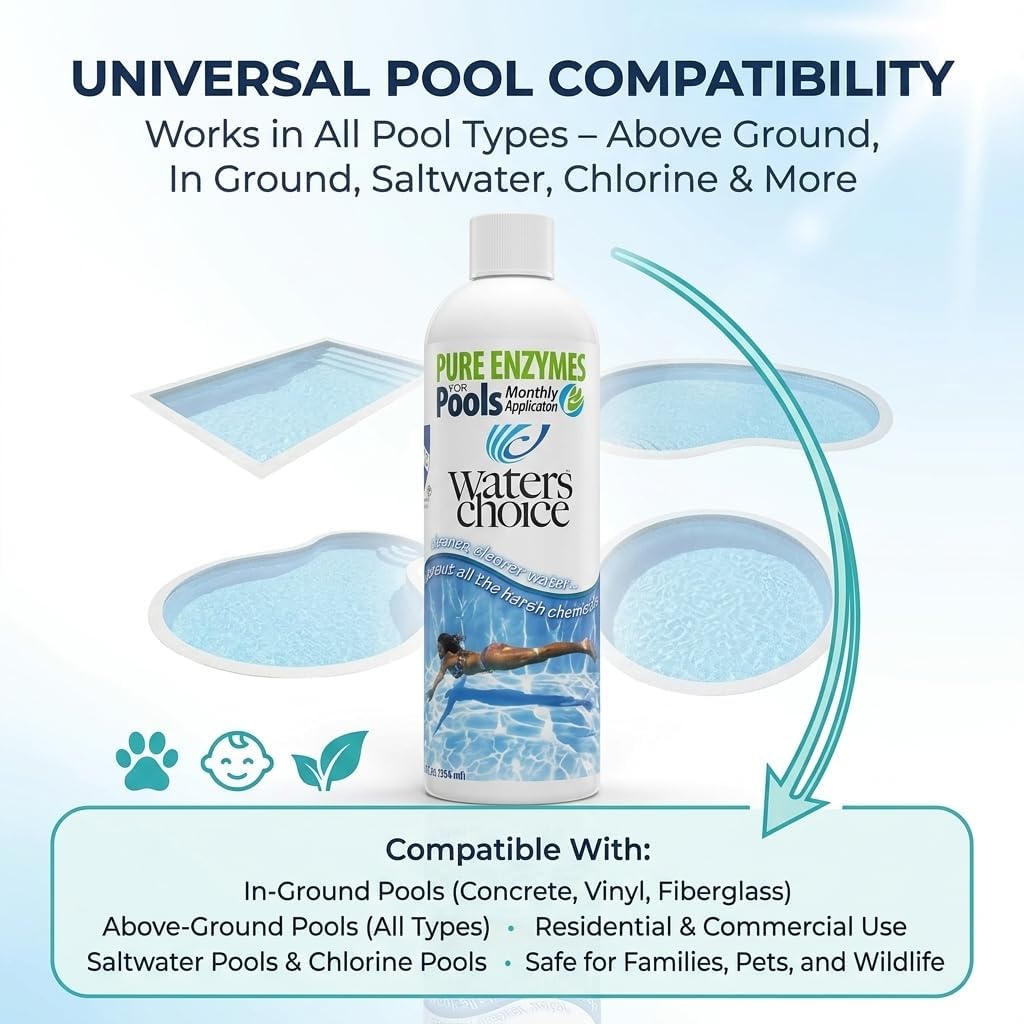 Waters Choice Pure Enzymes for Pools Natural Monthly Pool Cleaner & Water Clarifier for Crystal Clear Pool Water. Non-Toxic Formula Reduces Chlorine Usage & Breaks Down Organics - No Scum or Odors