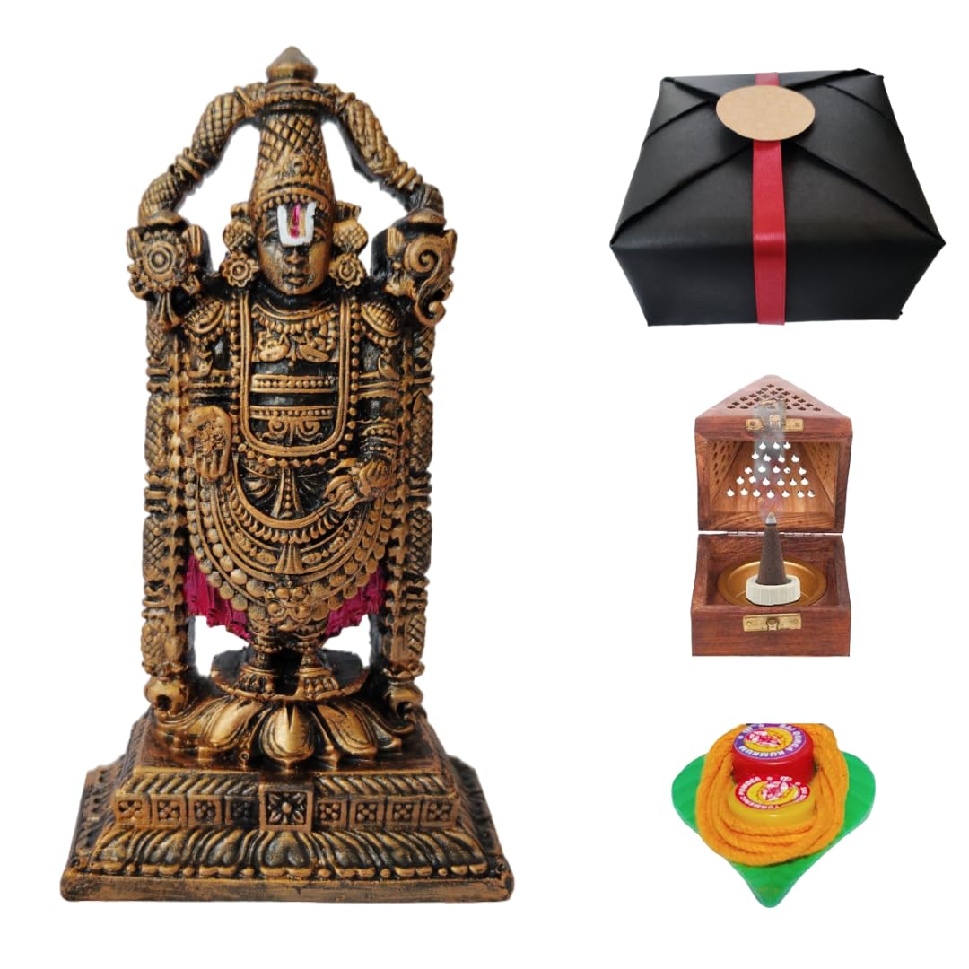 Divine Decor: Tirupati Balaji Statue | for Dashboard with Wooden Sambrani Dhoop Stand & Mangalya Thread | Includes Gift Wrap by RC Creation