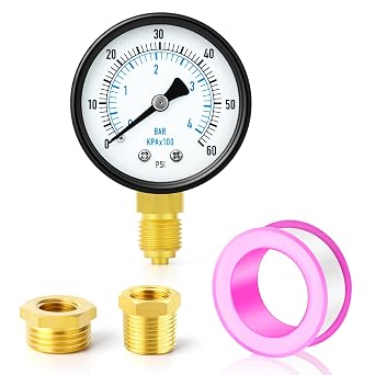 0-4Bar/0-60Psi 2" Dial 1/4" BSP Lower Mount Gauge with Bushings | Dual scale dial display, clear circular window, threaded adapter base, suitable for fluid pipeline connection