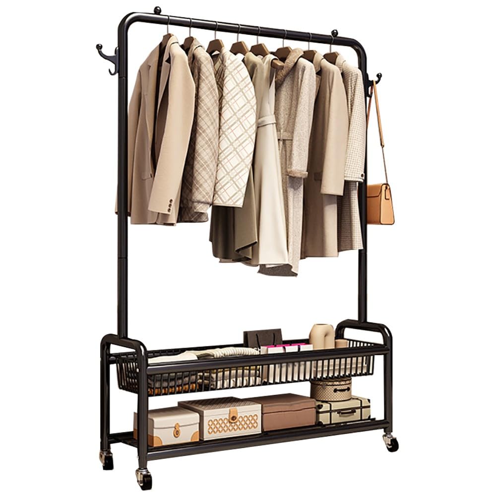 FGXHHS Rolling Clothing Rack On Wheels, Sturdy Metal Garment with Storage Shelf for Bedroom, Living Room, Maximum Load 100kg