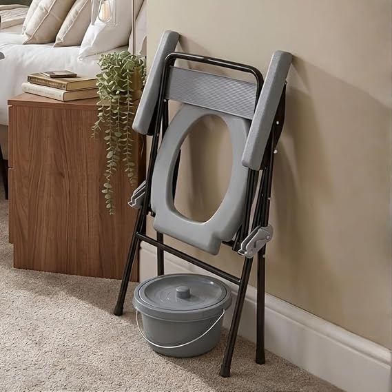 Folding Commode – Portable Folding Commode Chair with Removable Pan & Lid – Lightweight Commode Toilet Chair for Home or Care Use – Compact Portable Toilet for Adults with Support Arms
