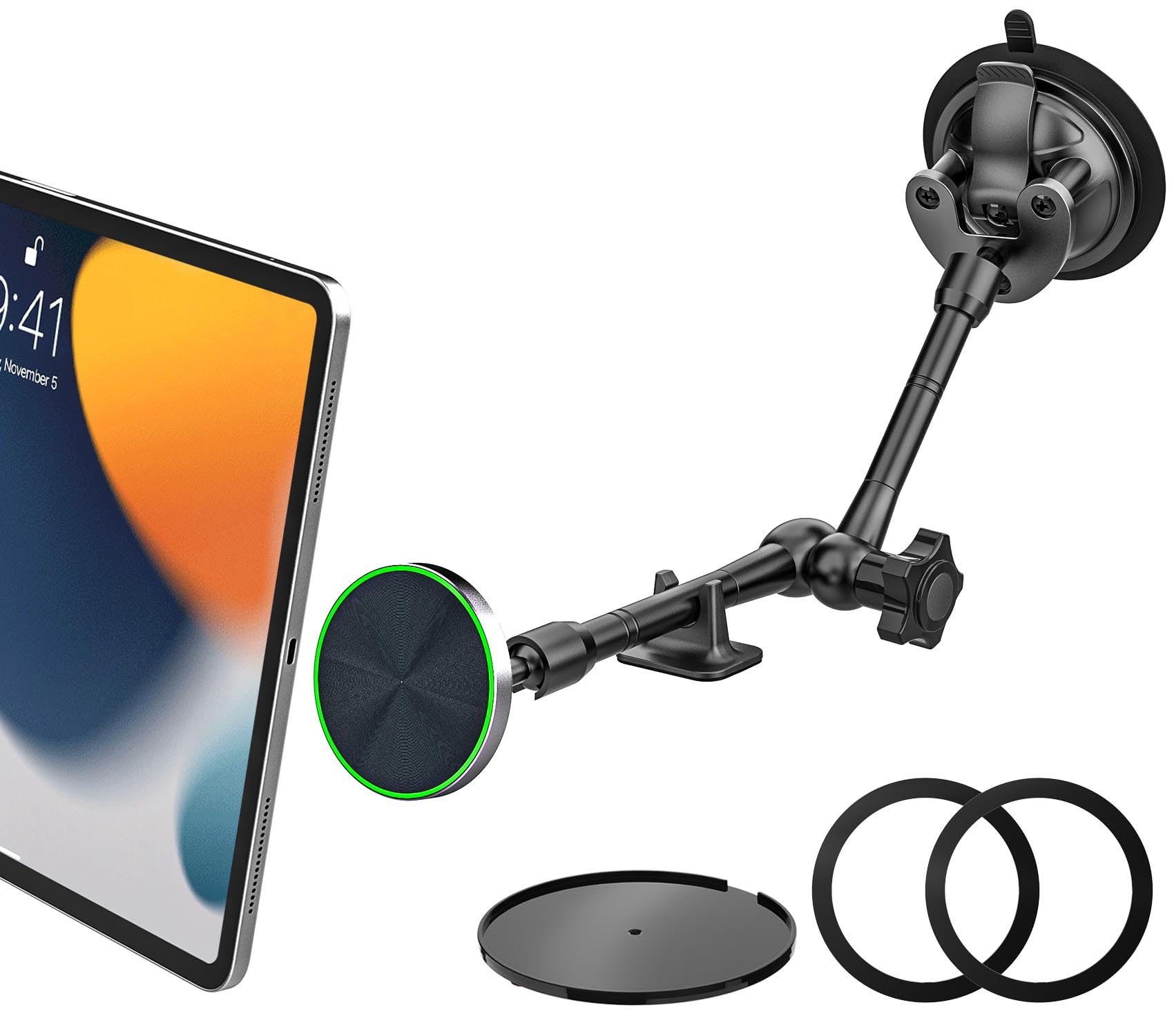 Supporto Magnetico Tablet Auto [Braccio Metallico Regolabile] Cruscotto Parabrezza Supporto Tablet Auto Ventosa Grande per iPad, Galaxy Tab, Kindle, Fire, iPhone, 4-11" Telefonos Tablets