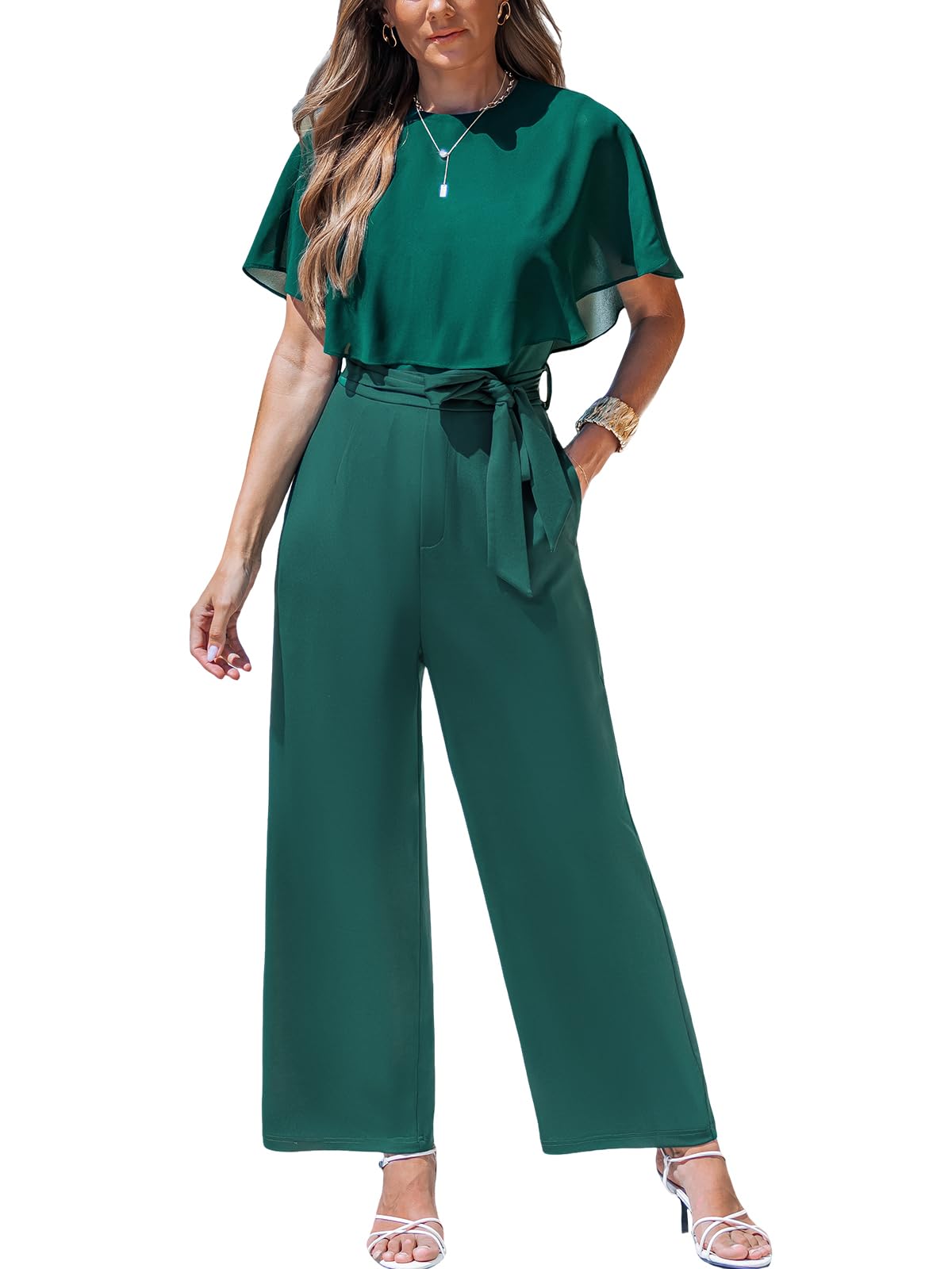 CUPSHE Dames zomer korte mouwen stropdas taille jumpsuit elegante wijde pijpen overall casual outfit, Groen, M