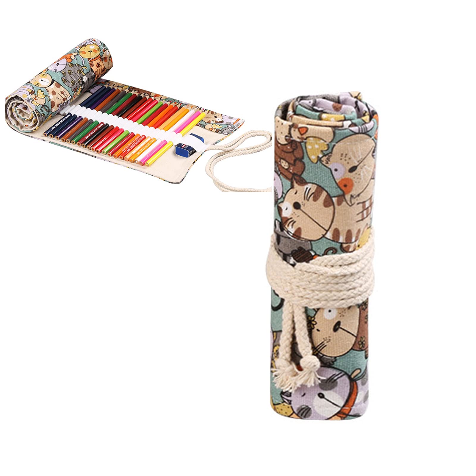 Funda para Envolver el Lápiz de Lona,Estuche 24/36/48 72 Agujeros para Lápices de Colores,Estuches de Tela Enrollables para Bocetos,Dibujos, Escritura,Gato,36 Fori