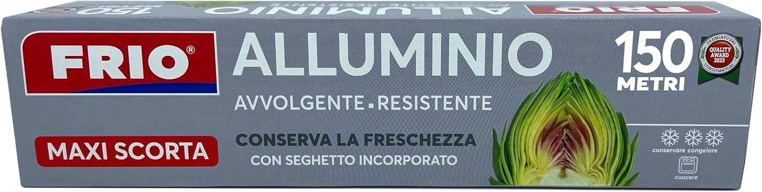 FRIO - Rotolo Alluminio per Alimenti, carta alluminio 150 metri con Seghetto Incorporato, larghezza 29,5 cm per cucina professionale, carta argentata confezione scorta passa dal gelo al frigo al forno