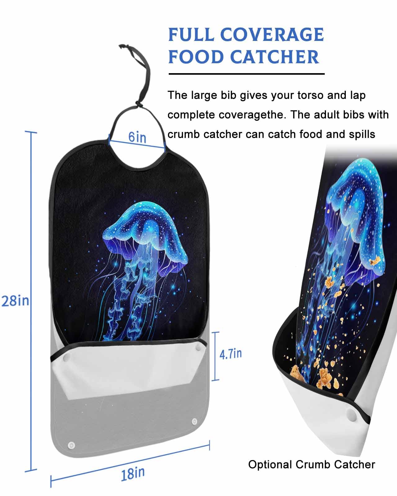 Blue Jellyfish Adult Bib for Adults Men, Women, Ocean Nautical Coastal Black Washable & Adjustable Terry Cloth Bib with Crumb Catcher Reusable Waterproof Clothing Clothes Protector Apron